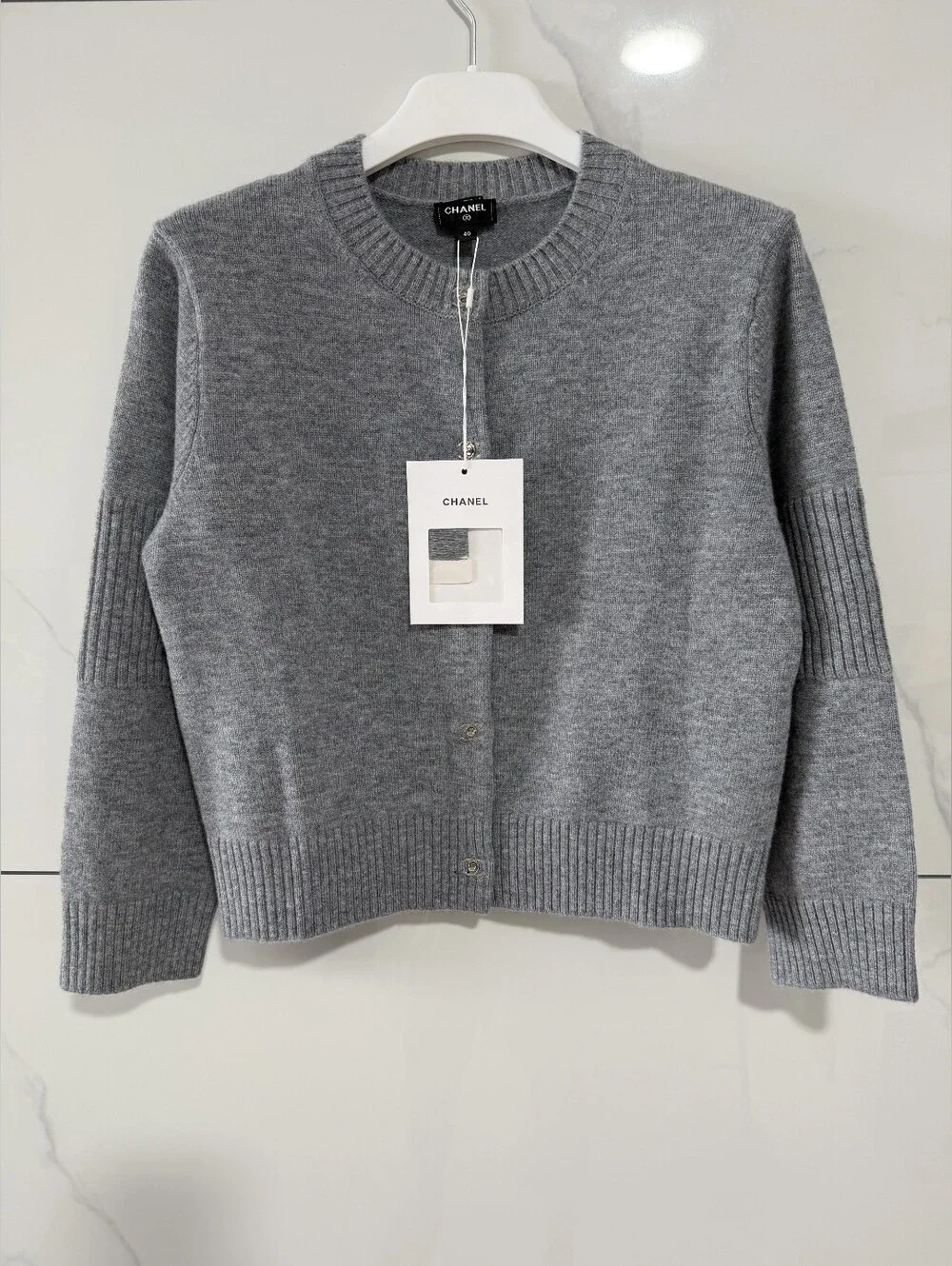 Chanel Gray Crewneck Cashmere Blend Cardigan Sweater